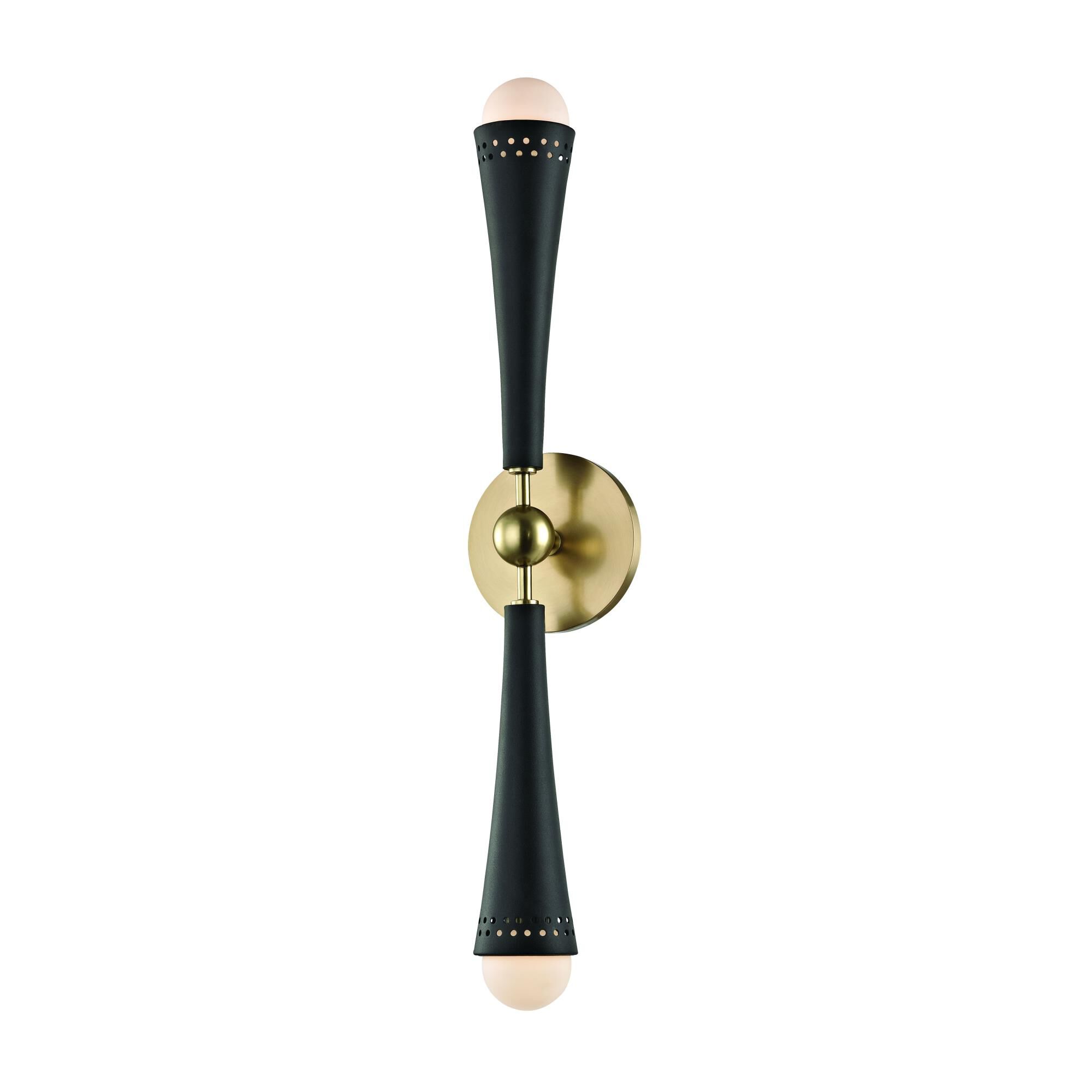 Shown in Aged Brass-Black finish and White Opal glass
